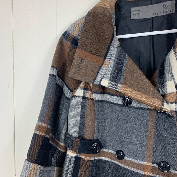 Zara Basic Women’s Wool Blend Brown Tartan Plaid Pea Coat - Size Small - Picture 3 of 8